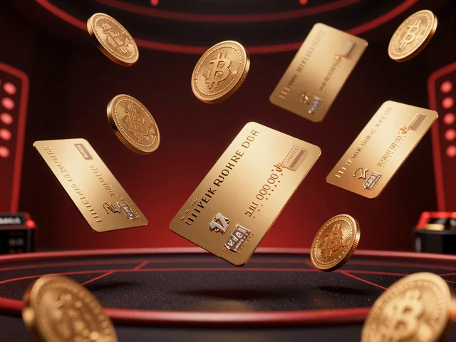 Goldene Kreditkarten, Bitcoin-M&uuml;nzen und digitale Zahlungssymbole im luxuri&ouml;sen Casino-Ambiente