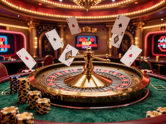 Goldenes Roulette-Rad mit Pokerchips und Spielkarten im luxuri&ouml;sen Casino-Ambiente