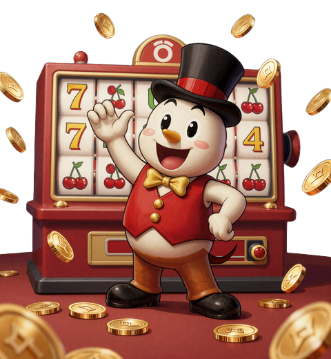 Yep Casino Maskottchen umgeben von Spielautomaten-Walzen und goldenen M&uuml;nzen