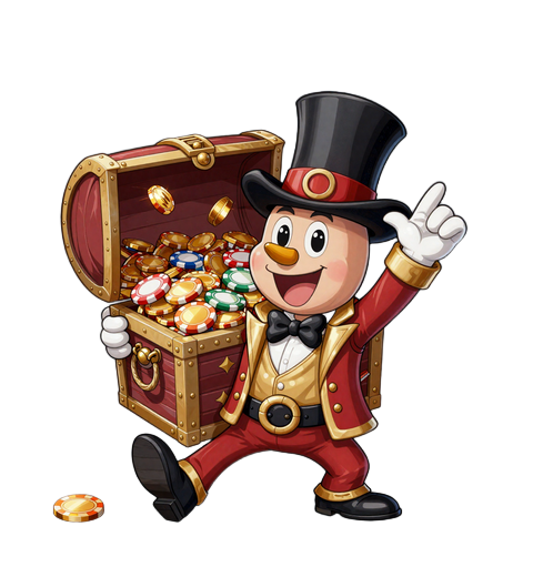 Yep Casino Maskottchen mit Schatztruhe voller goldener M&uuml;nzen und Bonusgewinne